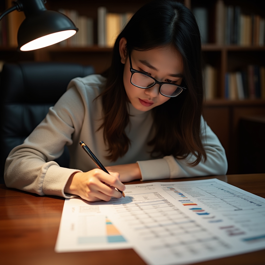 Person carefully reviewing an annual financial report for a housing community